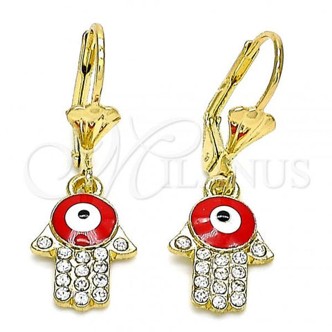 Oro Laminado Dangle Earring, Gold Filled Style Hand of God Design, with White Crystal, Red Enamel Finish, Golden Finish, 02.380.0084.1