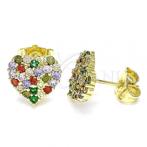 Oro Laminado Stud Earring, Gold Filled Style Heart Design, with Multicolor Cubic Zirconia, Polished, Golden Finish, 02.283.0032.2