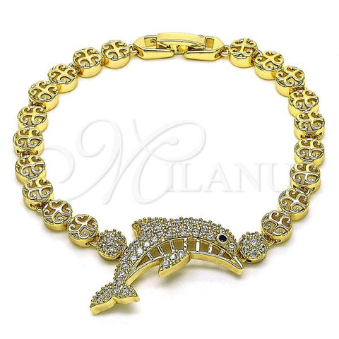 Oro Laminado Fancy Bracelet, Gold Filled Style Dolphin Design, with White and Sapphire Blue Micro Pave, Polished, Golden Finish, 03.283.0344.07