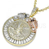 Oro Laminado Religious Pendant, Gold Filled Style Centenario Coin and Angel Design, with White and Black Crystal, Polished, Tricolor, 05.380.0031