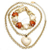 Oro Laminado Necklace and Bracelet, Gold Filled Style Rolo and Heart Design, with White Crystal, White Enamel Finish, Golden Finish, 06.63.0181.1