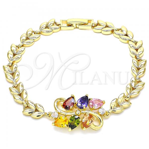 Oro Laminado Fancy Bracelet, Gold Filled Style Teardrop and Leaf Design, with Multicolor Cubic Zirconia, Polished, Golden Finish, 03.210.0128.2.07