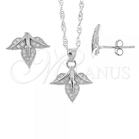 Sterling Silver Earring and Pendant Adult Set, Leaf Design, with White Micro Pave, Rhodium Finish, 10.174.0049