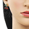 Oro Laminado Stud Earring, Gold Filled Style Cherry Design, with Garnet and Light Turquoise Cubic Zirconia, Polished, Golden Finish, 02.170.0522