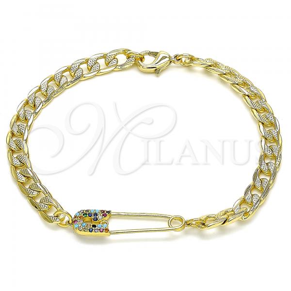 Oro Laminado Fancy Bracelet, Gold Filled Style Paperclip Design, with Multicolor Micro Pave, Polished, Golden Finish, 03.313.0038.1.08