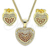 Oro Laminado Earring and Pendant Adult Set, Gold Filled Style Heart Design, with Garnet and White Micro Pave, Polished, Golden Finish, 10.156.0312.1