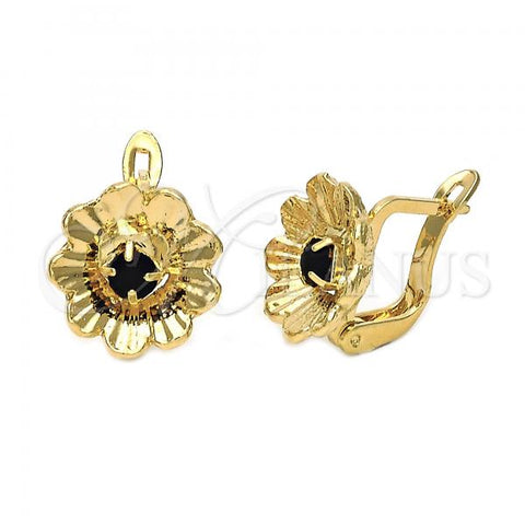 Oro Laminado Leverback Earring, Gold Filled Style Flower Design, with Black Cubic Zirconia, Diamond Cutting Finish, Golden Finish, 5.127.049