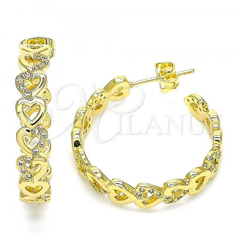 Oro Laminado Stud Earring, Gold Filled Style Heart Design, with White Micro Pave, Polished, Golden Finish, 02.341.0100
