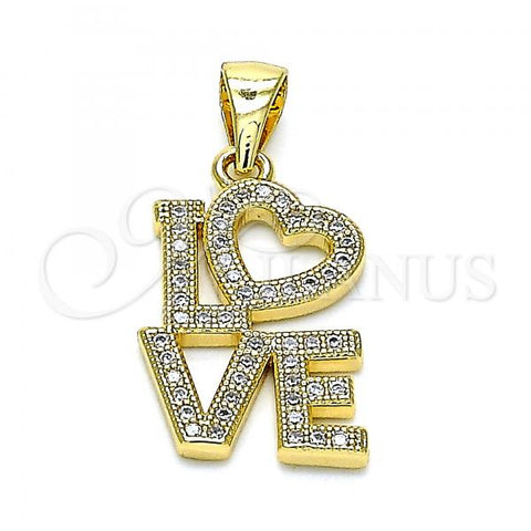 Oro Laminado Fancy Pendant, Gold Filled Style Love and Heart Design, with White Micro Pave, Polished, Golden Finish, 05.342.0016