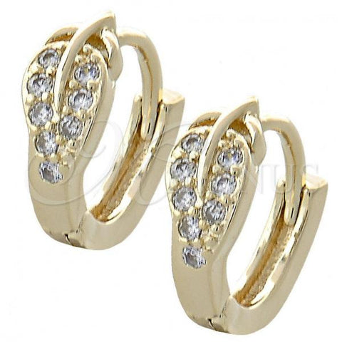 Oro Laminado Huggie Hoop, Gold Filled Style Leaf Design, with White Cubic Zirconia, Polished, Golden Finish, 02.155.0050