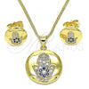 Oro Laminado Earring and Pendant Adult Set, Gold Filled Style Hand of God Design, with Sapphire Blue and White Micro Pave, Polished, Golden Finish, 10.156.0348