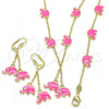 Oro Laminado Earring and Pendant Children Set, Gold Filled Style Elephant Design, with White Crystal, Pink Enamel Finish, Golden Finish, 06.60.0006.1