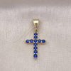 Oro Laminado Religious Pendant, Gold Filled Style Cross Design, with Sapphire Blue Cubic Zirconia, Polished, Golden Finish, 05.253.0182.2