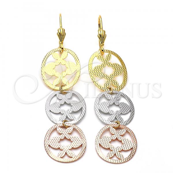 Oro Laminado Long Earring, Gold Filled Style Heart and Flower Design, Diamond Cutting Finish, Tricolor, 5.115.015