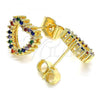 Oro Laminado Stud Earring, Gold Filled Style Heart Design, with Multicolor Micro Pave, Polished, Golden Finish, 02.94.0122.2