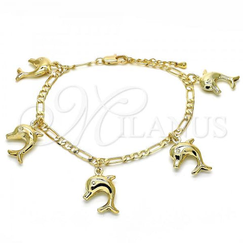 Oro Laminado Charm Bracelet, Gold Filled Style Dolphin Design, Polished, Golden Finish, 03.63.2024.08