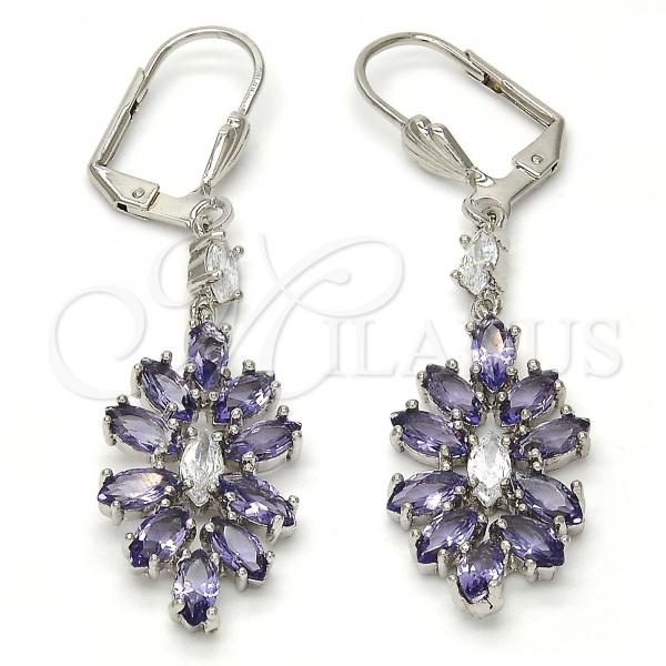 Rhodium Plated Long Earring, Leaf Design, with Amethyst and White Cubic Zirconia, Polished, Rhodium Finish, 02.205.0057.8