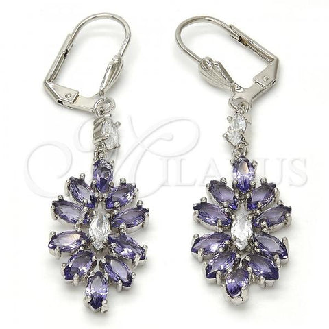 Rhodium Plated Long Earring, Leaf Design, with Amethyst and White Cubic Zirconia, Polished, Rhodium Finish, 02.205.0057.8