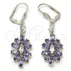 Rhodium Plated Long Earring, Leaf Design, with Amethyst and White Cubic Zirconia, Polished, Rhodium Finish, 02.205.0057.8