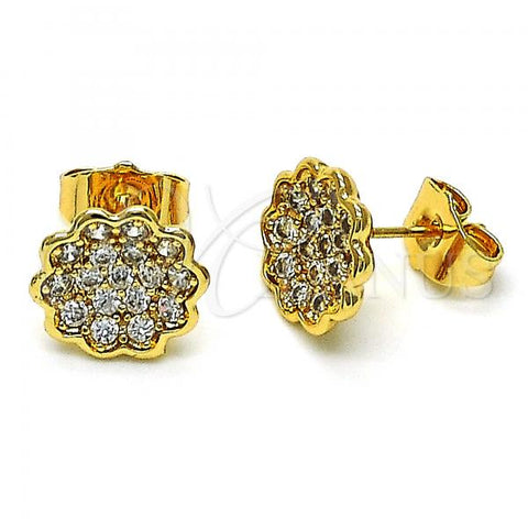 Oro Laminado Stud Earring, Gold Filled Style Flower Design, with White Micro Pave, Polished, Golden Finish, 02.210.0668