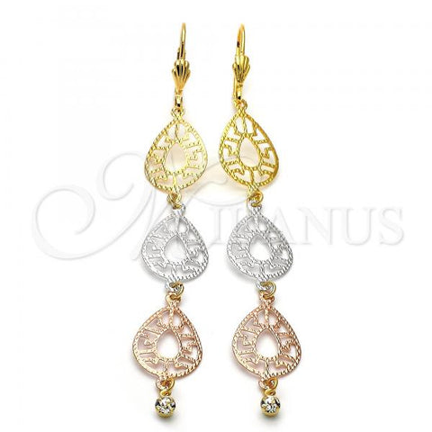 Oro Laminado Long Earring, Gold Filled Style Filigree Design, with White Cubic Zirconia, Diamond Cutting Finish, Tricolor, 5.069.009