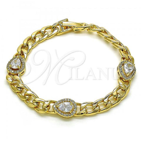 Oro Laminado Fancy Bracelet, Gold Filled Style Teardrop and Curb Design, with White Cubic Zirconia and White Micro Pave, Polished, Golden Finish, 03.283.0266.07