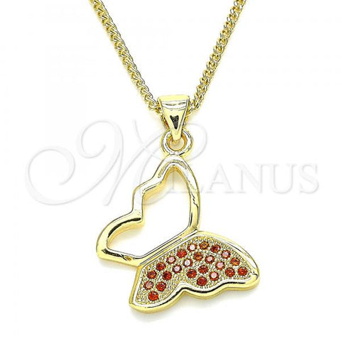 Oro Laminado Pendant Necklace, Gold Filled Style Butterfly Design, with Garnet Micro Pave, Polished, Golden Finish, 04.156.0053.3.20