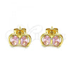 Oro Laminado Stud Earring, Gold Filled Style Bow Design, with Pink Cubic Zirconia, Polished, Golden Finish, 02.213.0361
