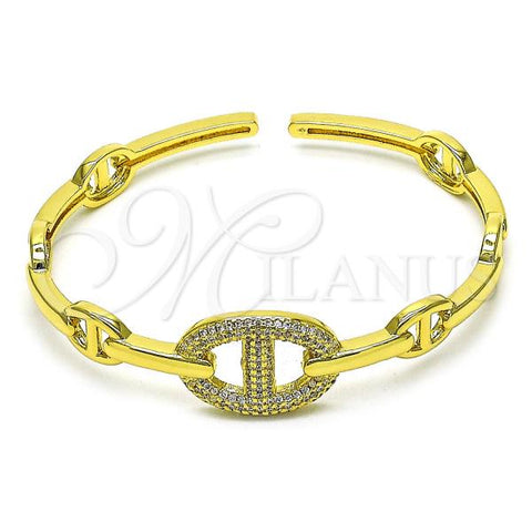 Oro Laminado Individual Bangle, Gold Filled Style Puff Mariner Design, with White Micro Pave, Polished, Golden Finish, 07.341.0055