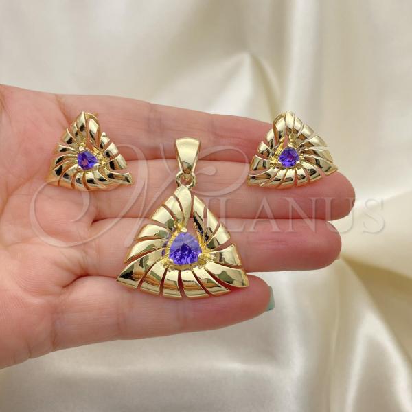 Oro Laminado Earring and Pendant Adult Set, Gold Filled Style with Dark Tanzanite Cubic Zirconia, Polished, Golden Finish, 10.59.0151