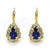 Oro Laminado Leverback Earring, Gold Filled Style Teardrop Design, with Sapphire Blue and White Crystal, Polished, Golden Finish, 5.125.012.1
