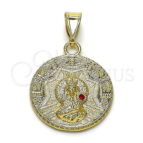 Oro Laminado Religious Pendant, Gold Filled Style Caridad del Cobre Design, with Garnet Crystal, Diamond Cutting Finish, Golden Finish, 05.213.0146