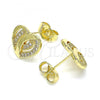 Oro Laminado Stud Earring, Gold Filled Style Heart Design, with White Micro Pave, Polished, Golden Finish, 02.199.0033