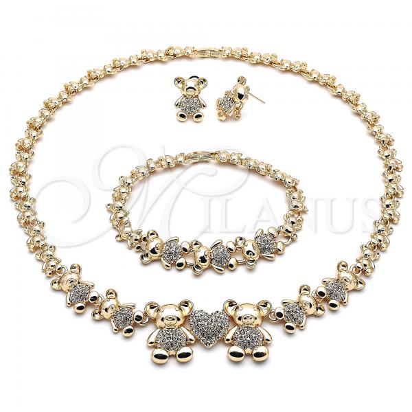 Oro Laminado Necklace, Bracelet and Earring, Gold Filled Style Teddy Bear and Heart Design, with White Crystal, Polished, Golden Finish, 06.372.0037