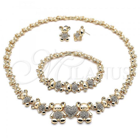 Oro Laminado Necklace, Bracelet and Earring, Gold Filled Style Teddy Bear and Heart Design, with White Crystal, Polished, Golden Finish, 06.372.0037