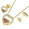 Oro Laminado Earring and Pendant Adult Set, Gold Filled Style Heart Design, with Garnet and White Micro Pave, Polished, Golden Finish, 10.156.0303.1