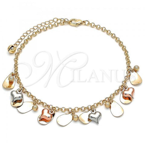 Oro Laminado Charm Anklet , Gold Filled Style Heart and Ball Design, Matte Finish, Tricolor, 03.331.0117.10