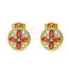 Oro Laminado Stud Earring, Gold Filled Style Flower Design, with Garnet and White Cubic Zirconia, Polished, Golden Finish, 02.387.0034