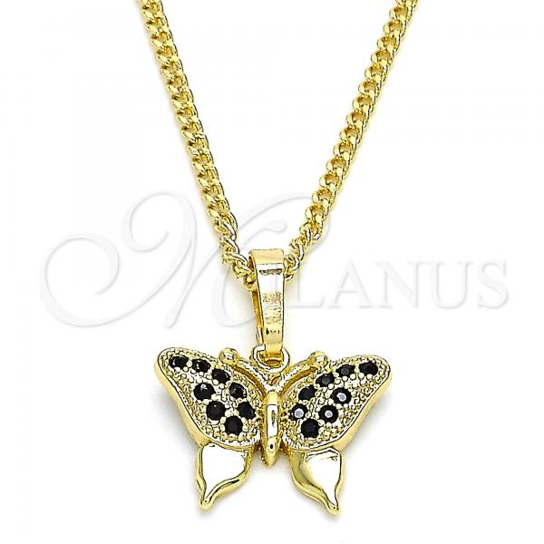 Oro Laminado Pendant Necklace, Gold Filled Style Butterfly Design, with Black Micro Pave, Polished, Golden Finish, 04.316.0003.2.20