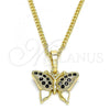 Oro Laminado Pendant Necklace, Gold Filled Style Butterfly Design, with Black Micro Pave, Polished, Golden Finish, 04.316.0003.2.20