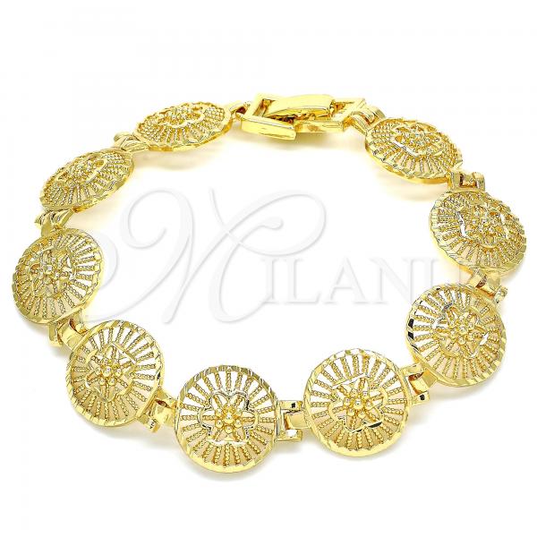 Oro Laminado Fancy Bracelet, Gold Filled Style Flower Design, Diamond Cutting Finish, Golden Finish, 03.100.0061.07