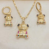 Oro Laminado Earring and Pendant Adult Set, Gold Filled Style Teddy Bear Design, with Multicolor Micro Pave, Polished, Golden Finish, 10.196.0053