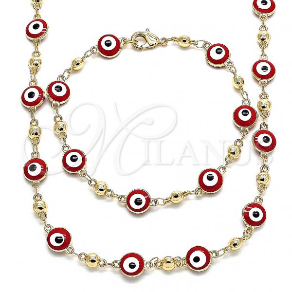 Oro Laminado Necklace and Bracelet, Gold Filled Style Evil Eye Design, Red Enamel Finish, Golden Finish, 06.213.0008