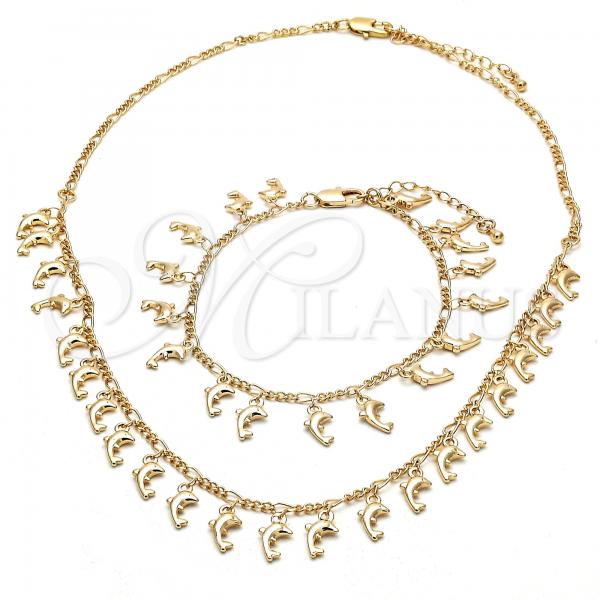 Oro Laminado Necklace and Bracelet, Gold Filled Style Dolphin Design, Polished, Golden Finish, 06.105.0003