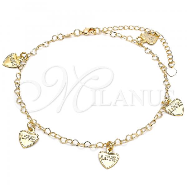 Oro Laminado Charm Anklet , Gold Filled Style Heart and Love Design, Polished, Golden Finish, 03.63.2202.10