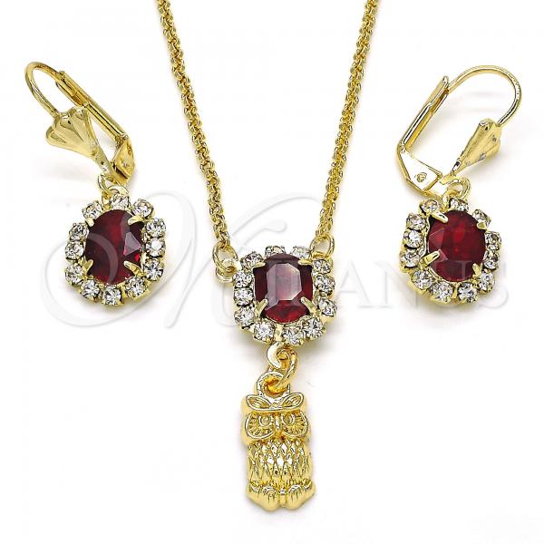 Oro Laminado Earring and Pendant Adult Set, Gold Filled Style Owl Design, with Garnet and White Crystal, Polished, Golden Finish, 10.122.0009