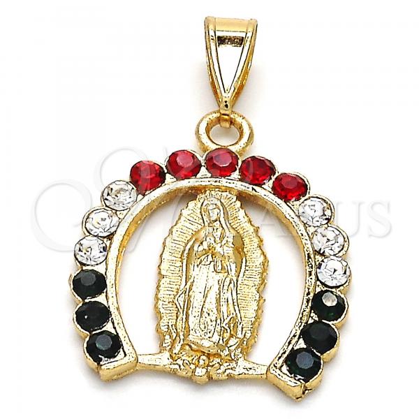 Oro Laminado Religious Pendant, Gold Filled Style Guadalupe Design, with Multicolor Crystal, Polished, Golden Finish, 05.253.0054.1