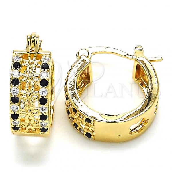 Oro Laminado Small Hoop, Gold Filled Style Flower Design, with Black and White Cubic Zirconia, Polished, Golden Finish, 02.210.0275.2.15
