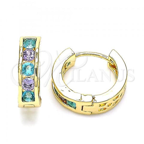 Oro Laminado Huggie Hoop, Gold Filled Style with Blue Topaz and Amethyst Cubic Zirconia, Polished, Golden Finish, 02.210.0603.2.15