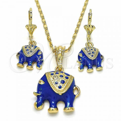 Oro Laminado Earring and Pendant Adult Set, Gold Filled Style Elephant Design, with White Crystal, Blue Enamel Finish, Golden Finish, 10.351.0004.4